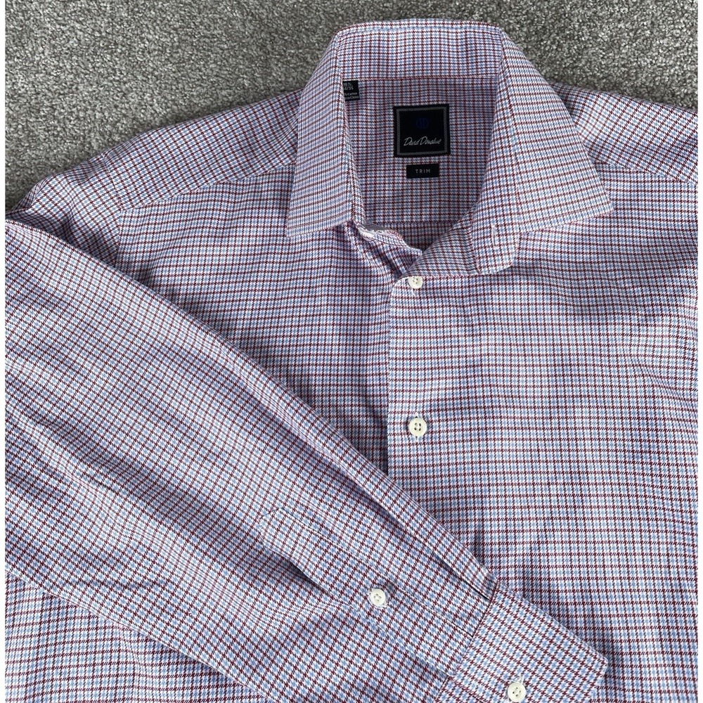 David Donahue Dress Shirt Trim Fit 16.5-34/35 Mens XL Cotton Plaid Red/Blue Prep